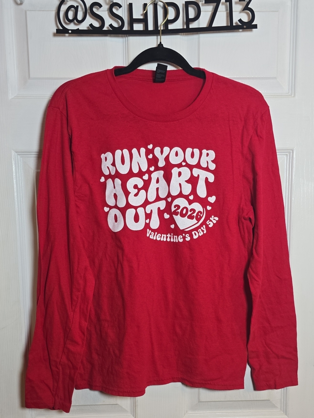 Port & Co S Small Red Long-Sleeve Graphic Tee Run Your Heart Out Valentine Day